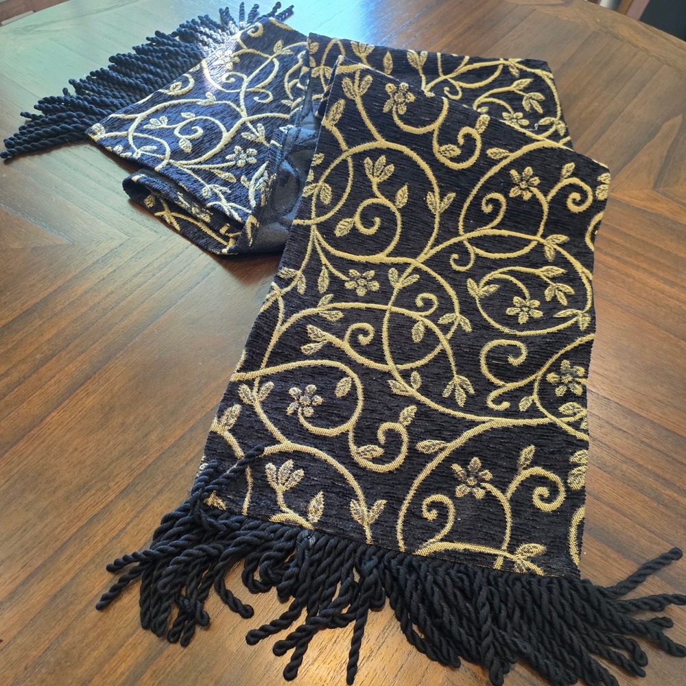 La Petite Flower Vine Table Runner Black Gold Floral Jacquard Fringe 72 tapestry